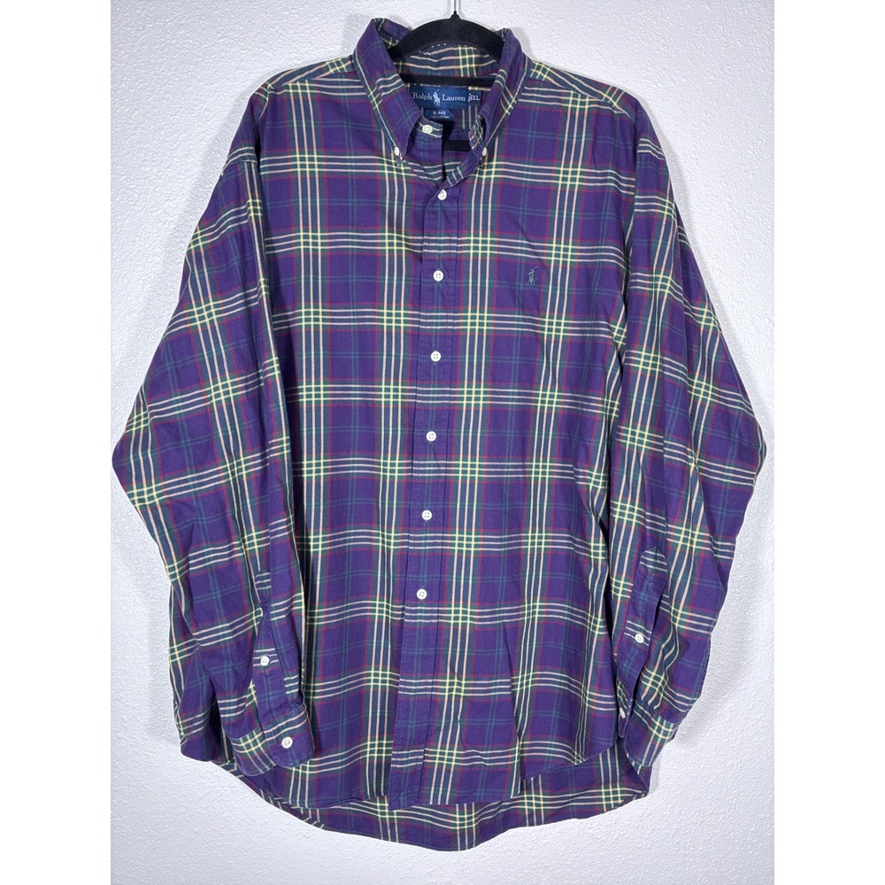 Ralph Lauren Blake 100% Cotton Mens Purple Plaid Long Sleeve Button Down Size XL